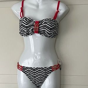 2Bamboo Black White Red ZigZag Chevron Bikini with Gold Beads NEW 6